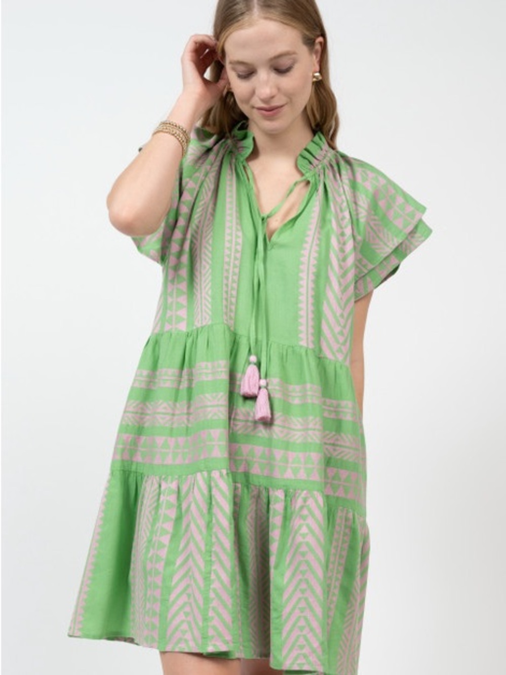 Uncle Frank Green and Pink Tassel Tie Tiered Babydoll Dress